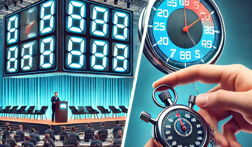 Side-by-side comparison of digital countdown timer and manual timekeeping methods at a live event