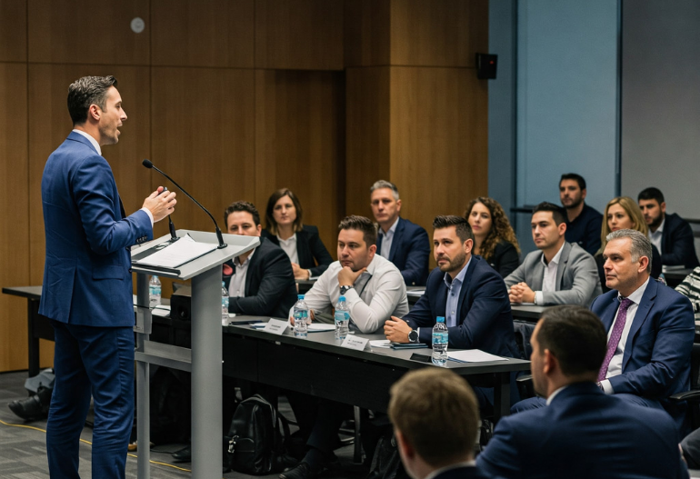 Digital countdown timer creating urgency and focus during a live webinar presentation.