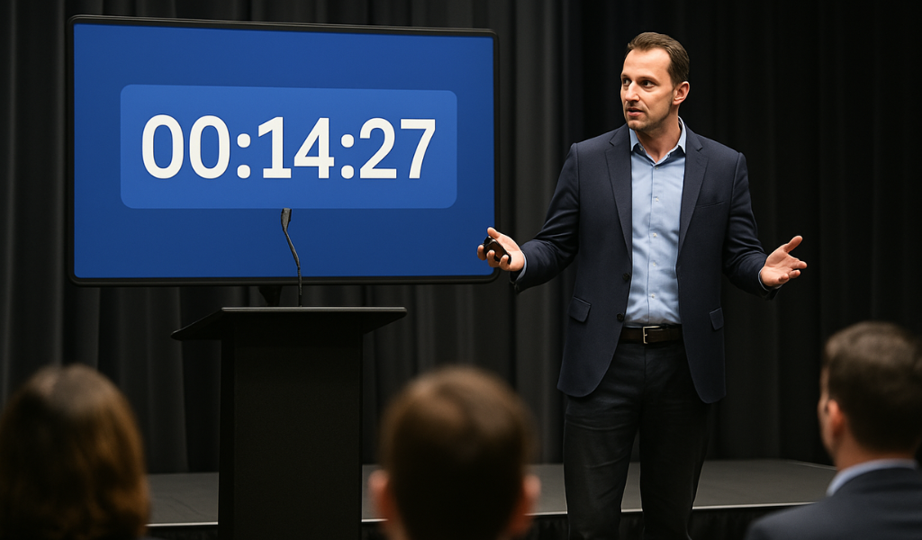 Event manager adjusting a countdown timer backstage before a live session.
