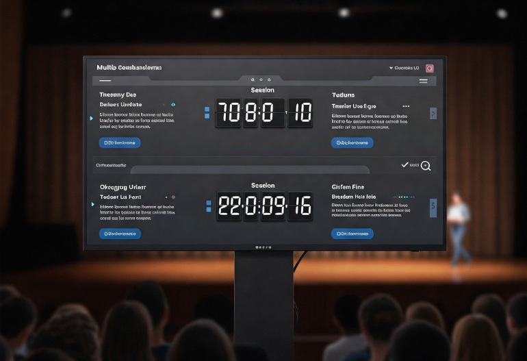 Countdown timer managing transitions between multi-session conference events.