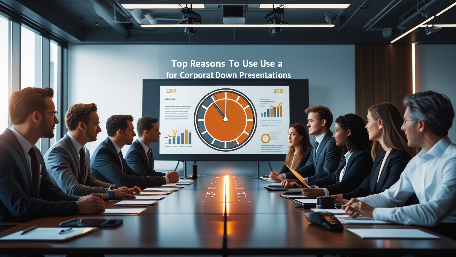 Speaker on stage with a visible countdown timer in the background, presenting to a corporate audience during a conference, illustrating time management in professional presentations.