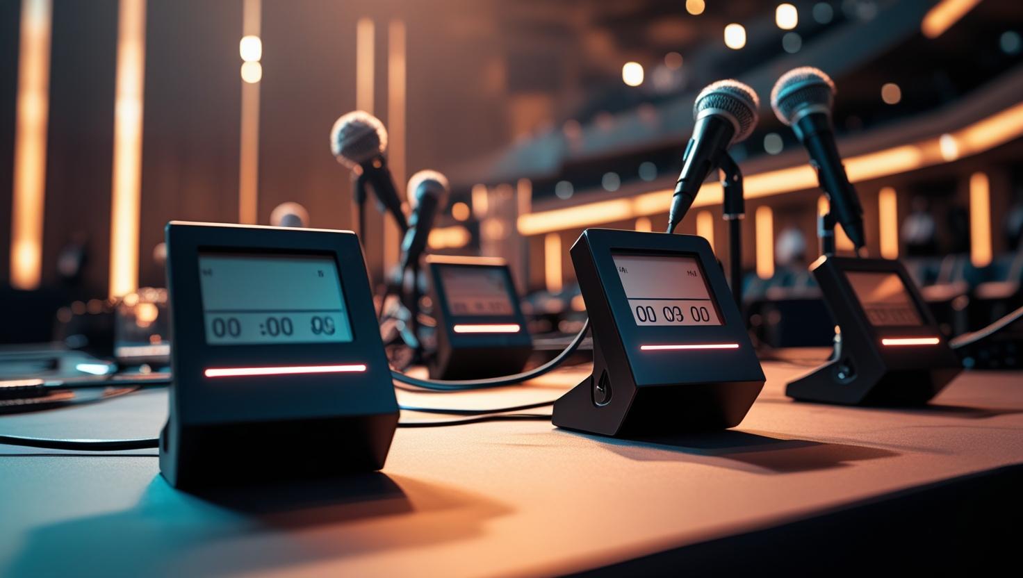 Backstage speaker timer in use at a high-stakes conference to help speakers stay on schedule and manage session time effectively
