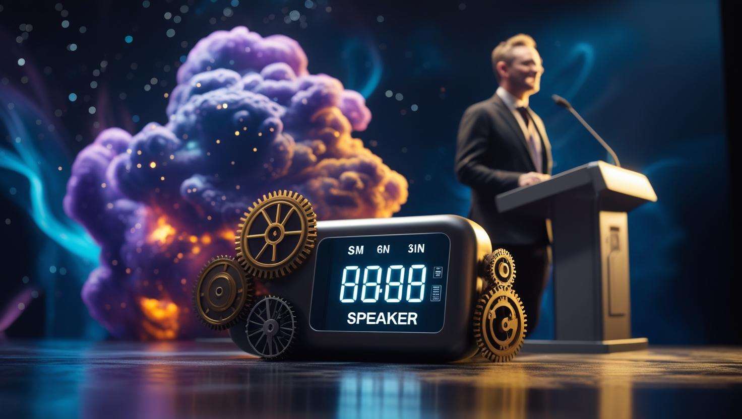 Speaker viewing real-time countdown timer on screen backstage