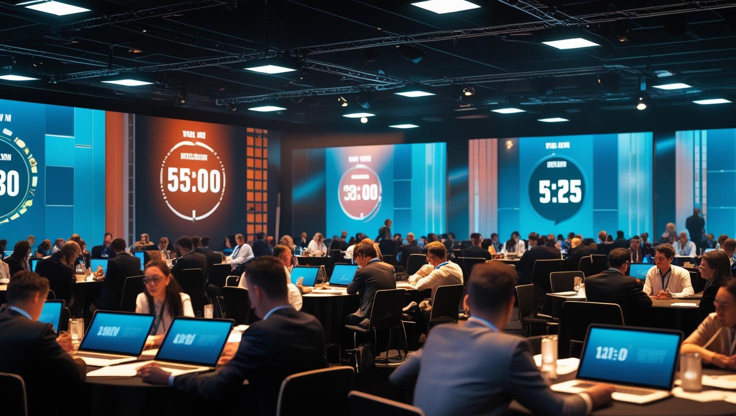 Digital countdown timer displayed on a screen during a conference breakout session, helping attendees manage time effectively in a networking room setting.